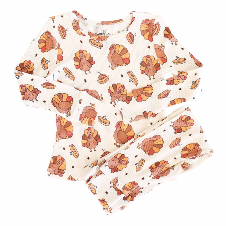 bamboo waffle thanksgiving turkey and pie two piece pajama set for kids 