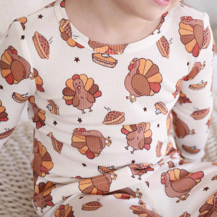 turkey treats thanksgiving bamboo waffle two piece pajama set for kids 