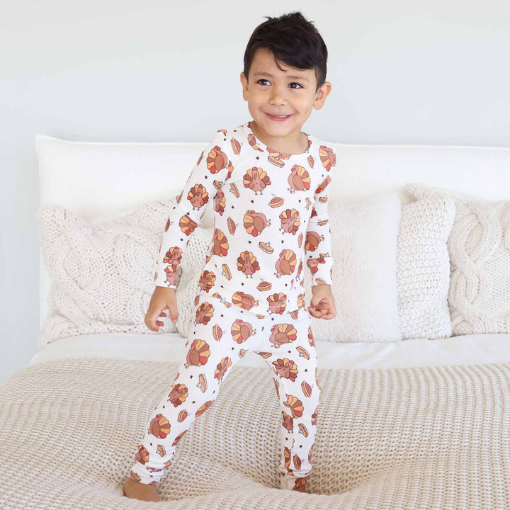 thanksgiving turkey and pie two piece pajama set for kids 