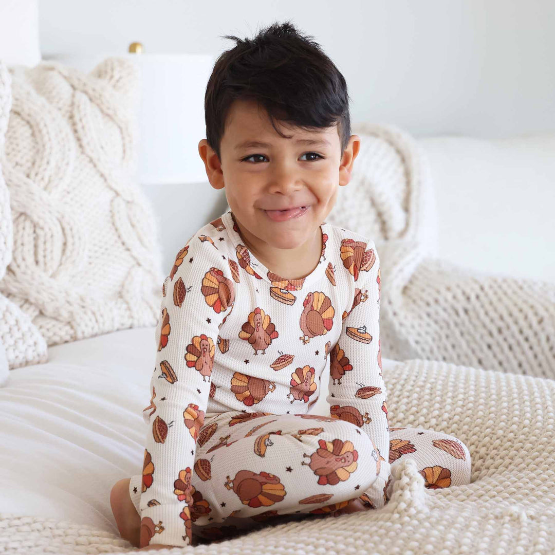 turkey treats bamboo waffle two piece pajama set for kids gender neutral