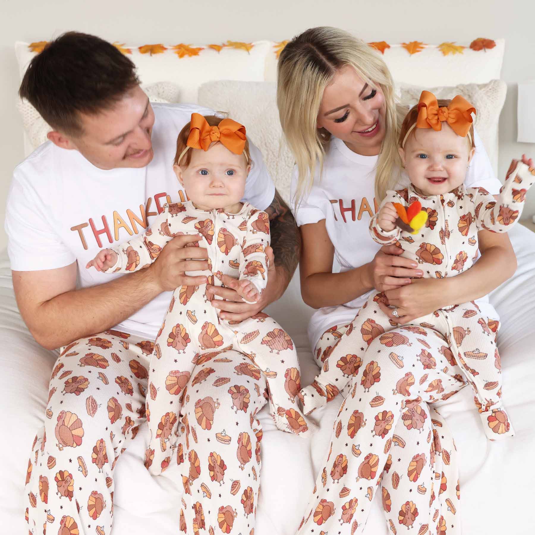 bamboo waffle thanksgiving turkey and pie family matching pajamas 