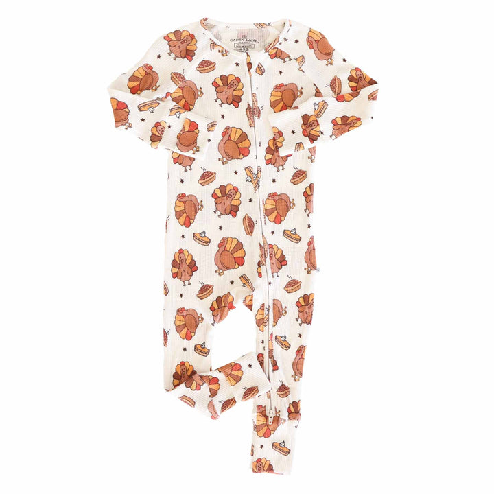turkey treats bamboo waffle convertible zip romper pajama for babies and toddlers gender neutral