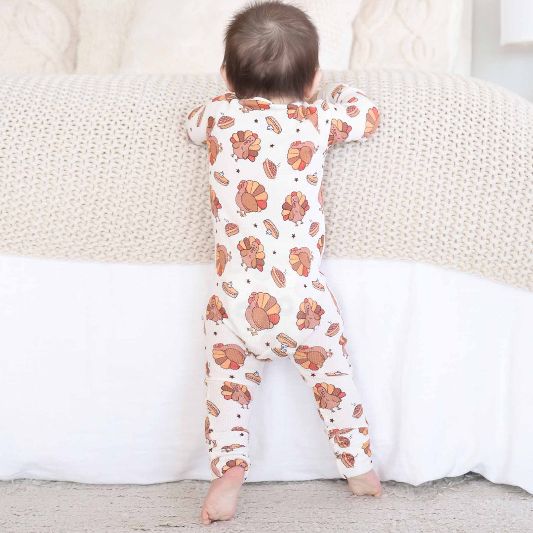 thanksgiving bamboo waffle convertible zip romper with turkeys and pies 