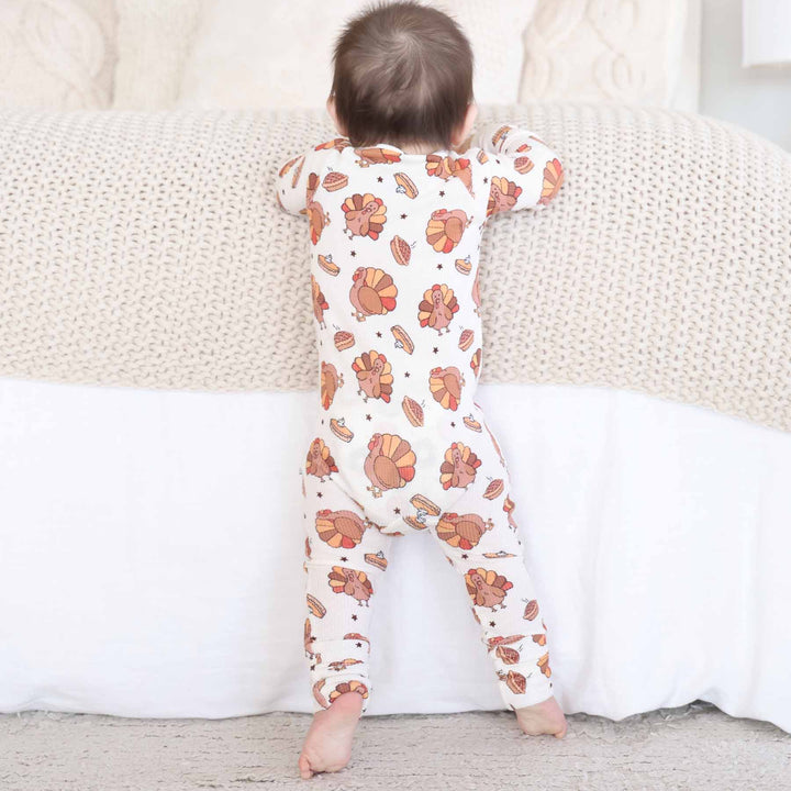thanksgiving bamboo waffle convertible zip romper with turkeys and pies 