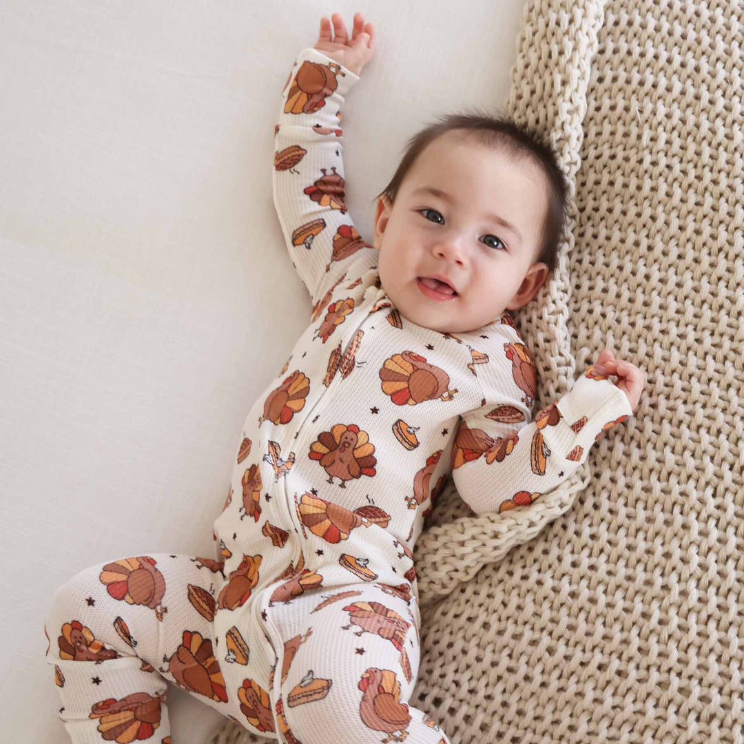 bamboo waffle thanksgiving convertible zip romper with double zipper 