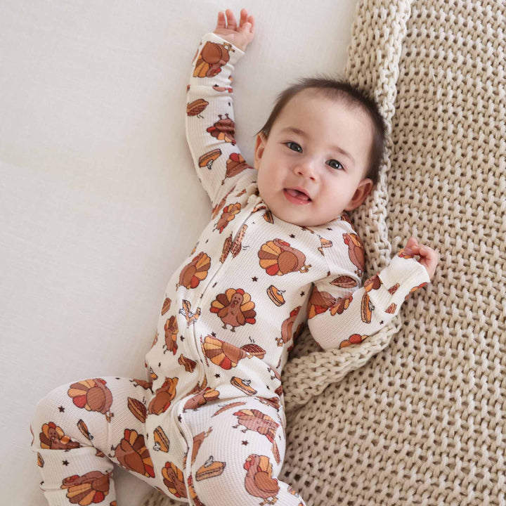 bamboo waffle thanksgiving convertible zip romper with double zipper 
