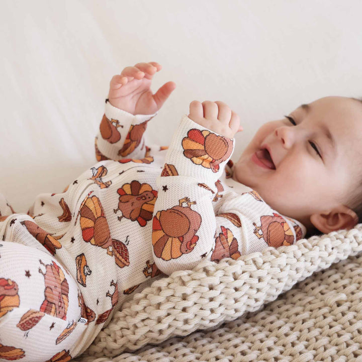 fall tones turkey and pie bamboo waffle convertible zip romper pj for babies and toddlers gender neutral