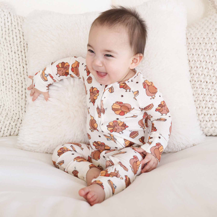 turkey treats zip romper bamboo waffle 