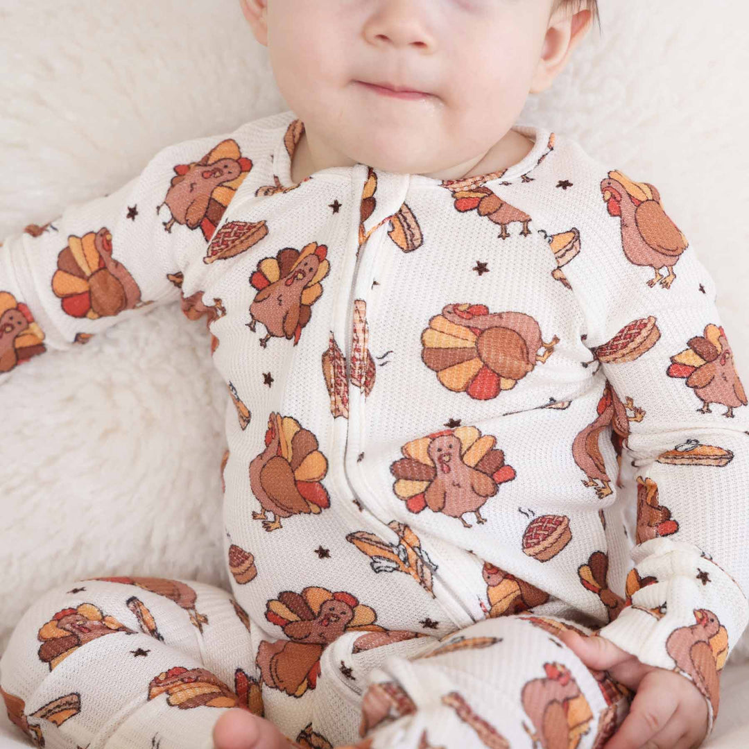 turkey and pumpkin pie bamboo waffle convertible zip romper for babies and toddlers 