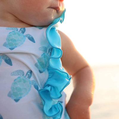 baby swimsuit girl double ruffle one piece blue turtles 