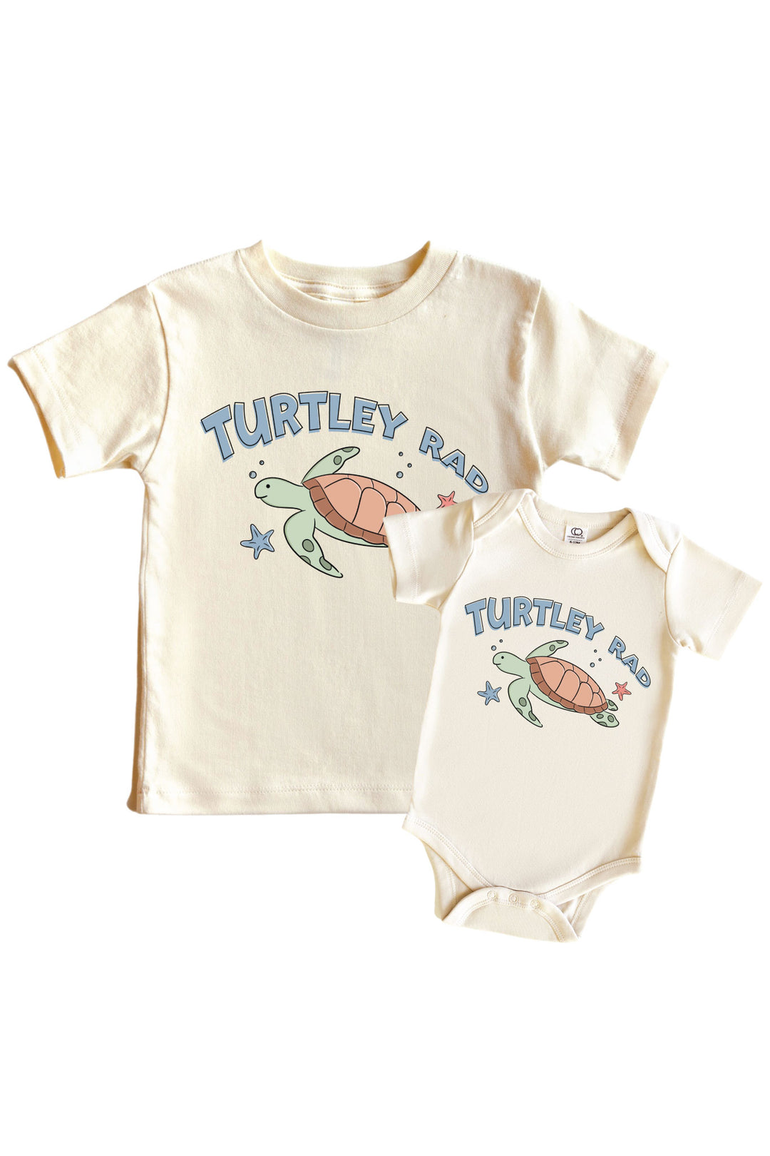 turtley rad graphic bodysuit and kids tee in natural – gender neutral turtle graphic