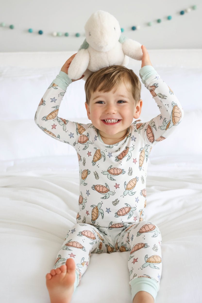 turtley rad two piece bamboo pajama set with turtle print