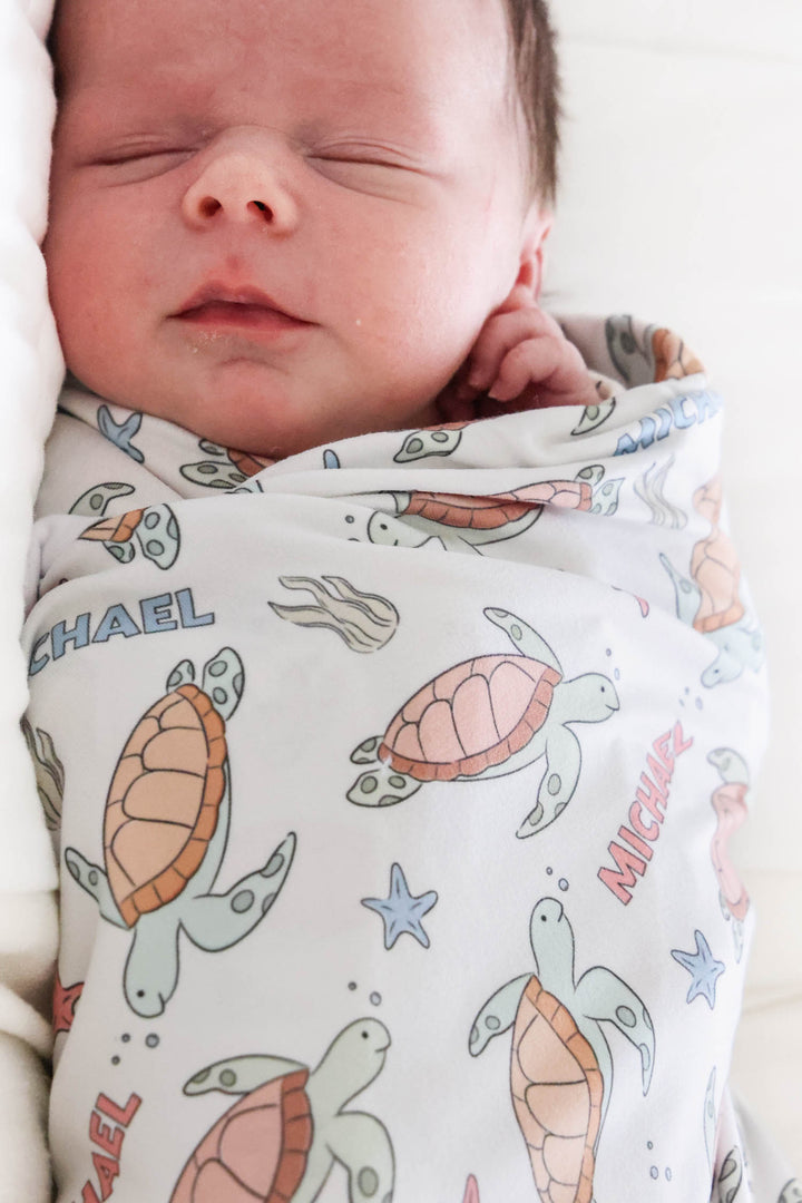 turtley rad personalized swaddle blanket with turtle print – bamboo baby gift