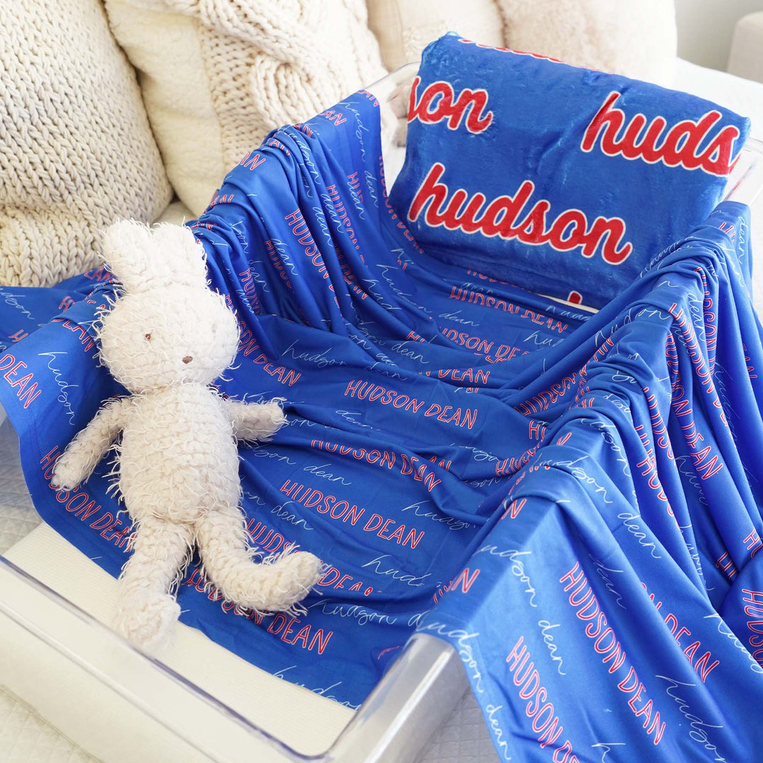 Personalized Hawk Blue Baby Name Swaddle Blanket - Block & Script