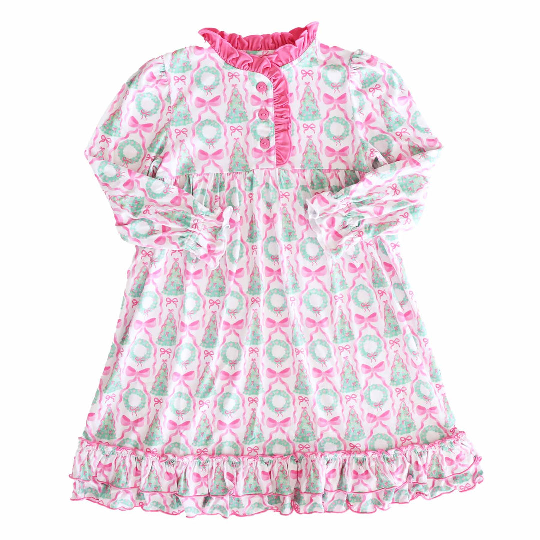 wreath, bow and christmas tree long sleeve ruffle nigthgown for girls 