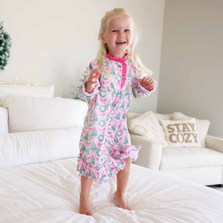 under the tree long sleeve nightgown for girls with ruffle bottom wreaths and bows