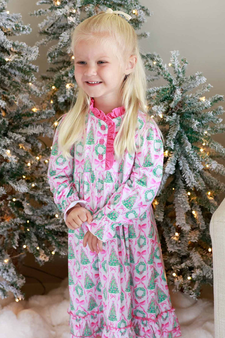 Girl in Caden Lane pink night dress with wreaths and bows