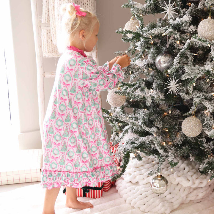 long sleeve ruffle bottom wreath, christmas tree and bow nightgown for girls 