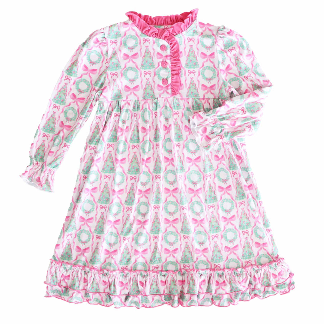 pink ruffle and button christmas wreath nightgown for girls with bows