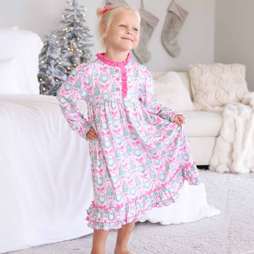 kids long sleeve christmas nightgown under the tree