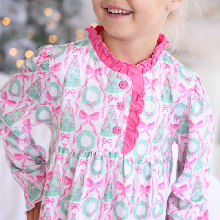 long sleeve full length christmas nightgown hot pink neck and chest ruffle with buttons christmas trees, bows and wreaths 