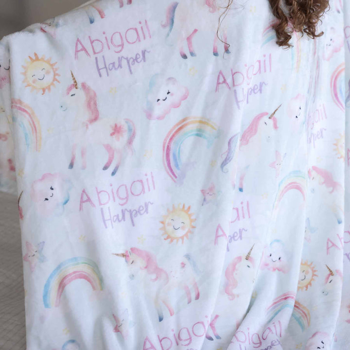 pastel unicorn and rainbow personalized blanket for kids 