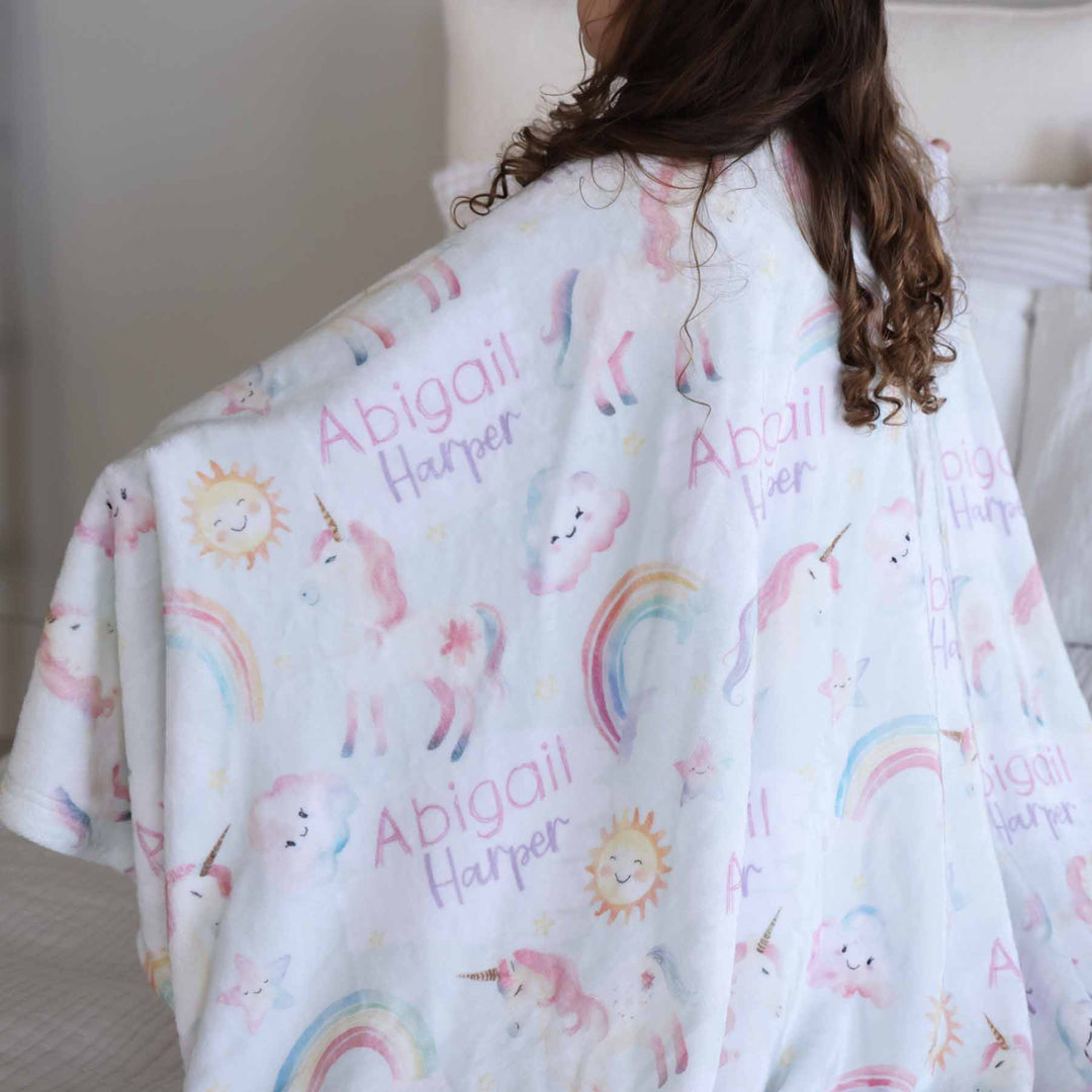 personalized name blanket for girls with unicorns, rainbows and suns