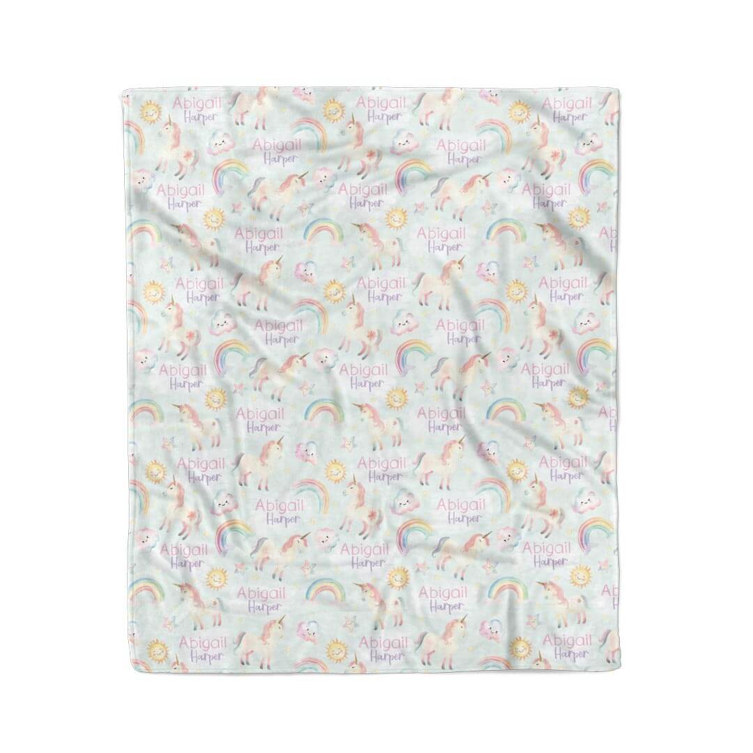 unicorn and rainbow personalized kids blanket 