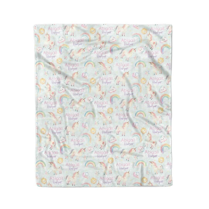 unicorn and rainbow personalized kids blanket 