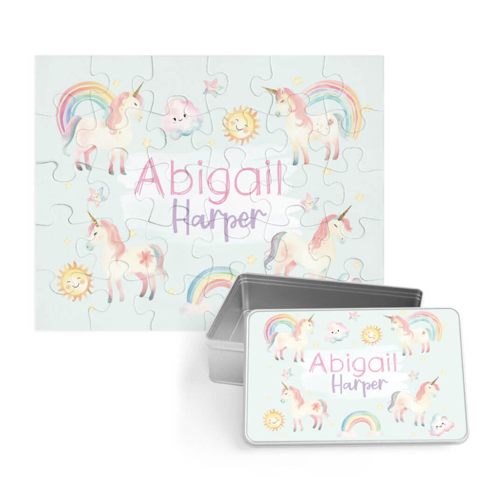 pastel unicorn and rainbow personalized puzzle for kids with matching tin 