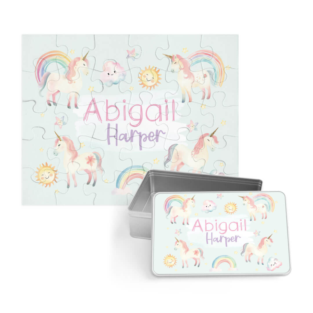 pastel unicorn and rainbow personalized puzzle for kids with matching tin 