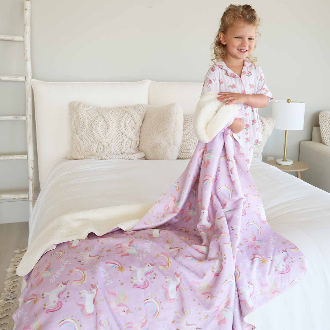 rainbow and unicorn pink personalized sherpa blanket for girls 