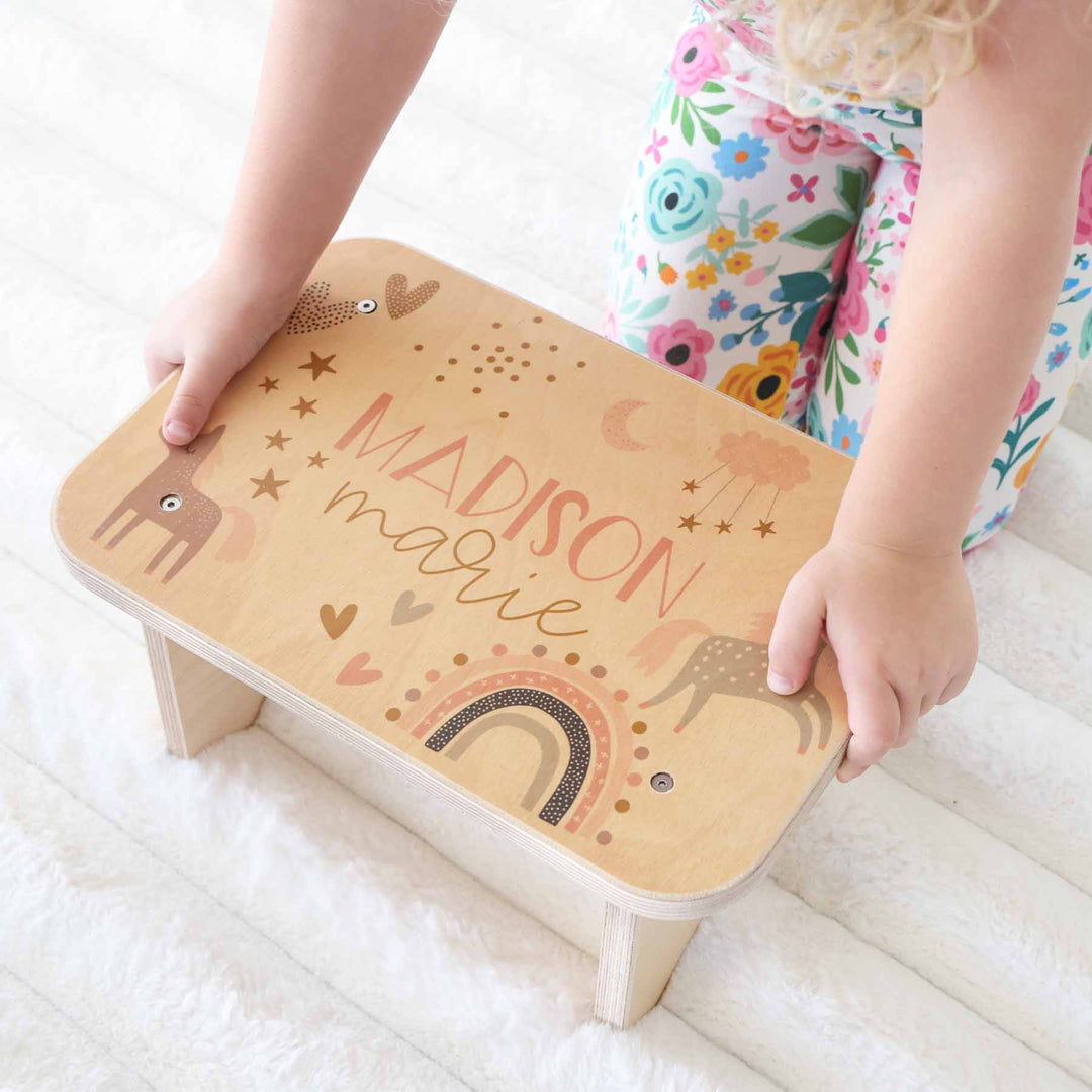 unicorn wooden step stool for kids personalized with name 