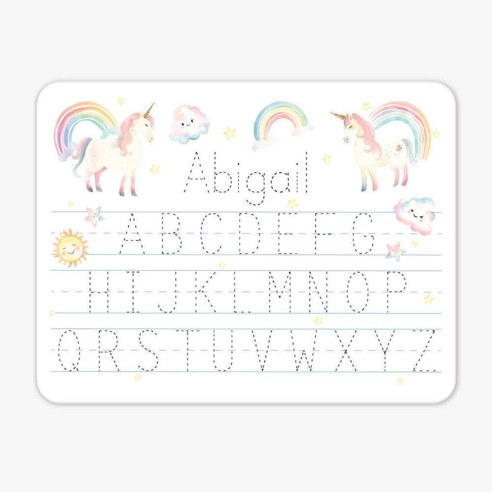 kids personalized whiteboard with unicorns and rainbows 