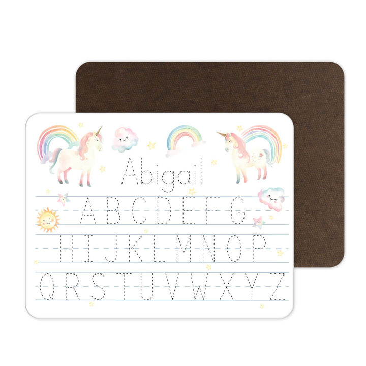 kids personalized alphabet whiteboard with rainbows and unicorns 