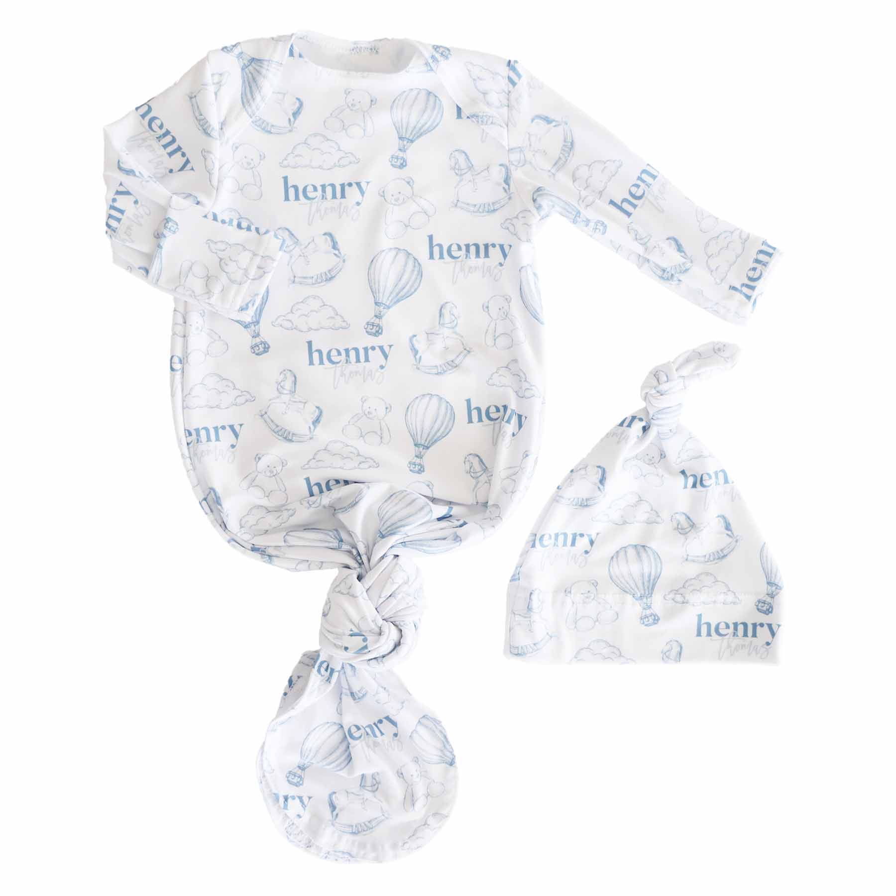 up in the clouds personalized newborn knot gown and hat set for boys 
