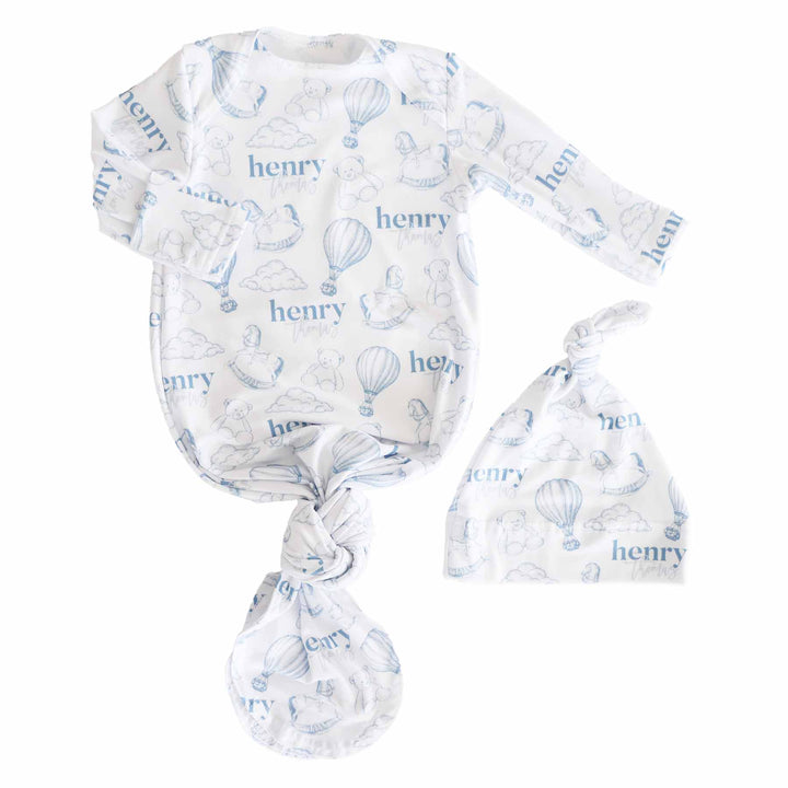 up in the clouds personalized newborn knot gown and hat set for boys 