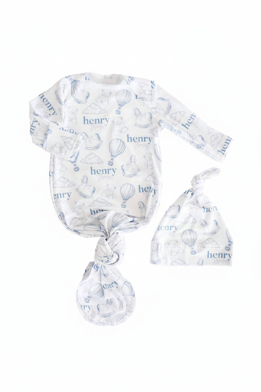 up in the clouds personalized newborn knot gown and hat set for boys 