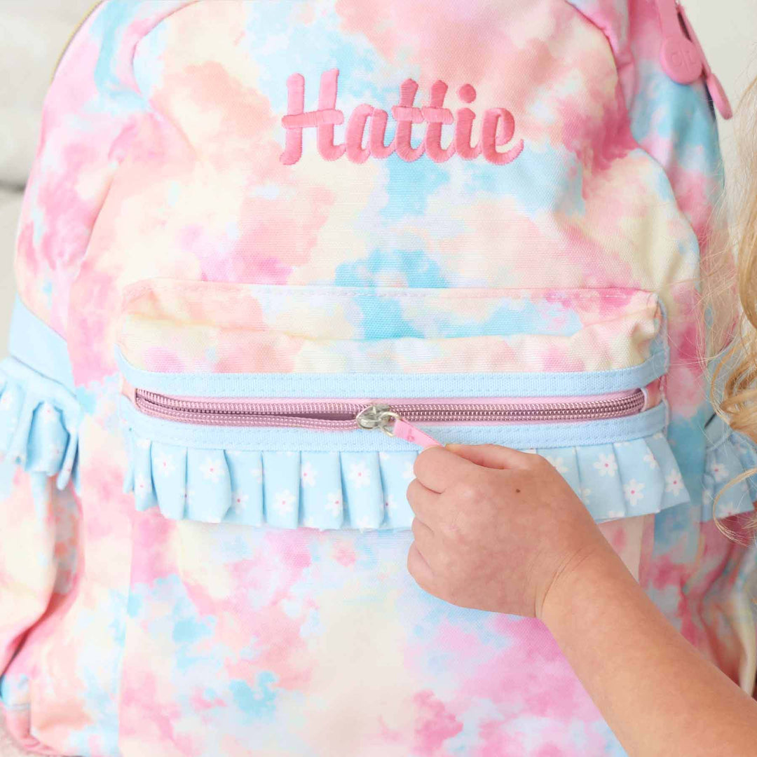 cotton candy tie dye embroidered backpack for girls blue with white daisies 