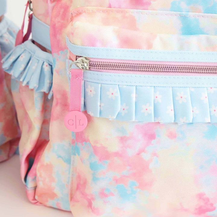 candy clouds pastel tie dye backpack for girls with gold zipper 