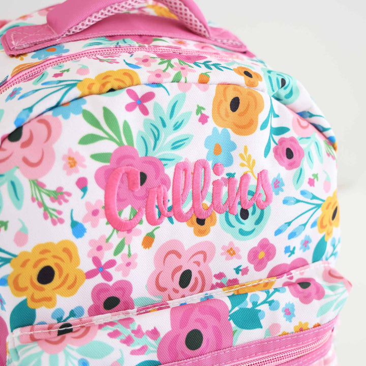 pink, yellow, blue embroidered name backpack for girls with pink trim 