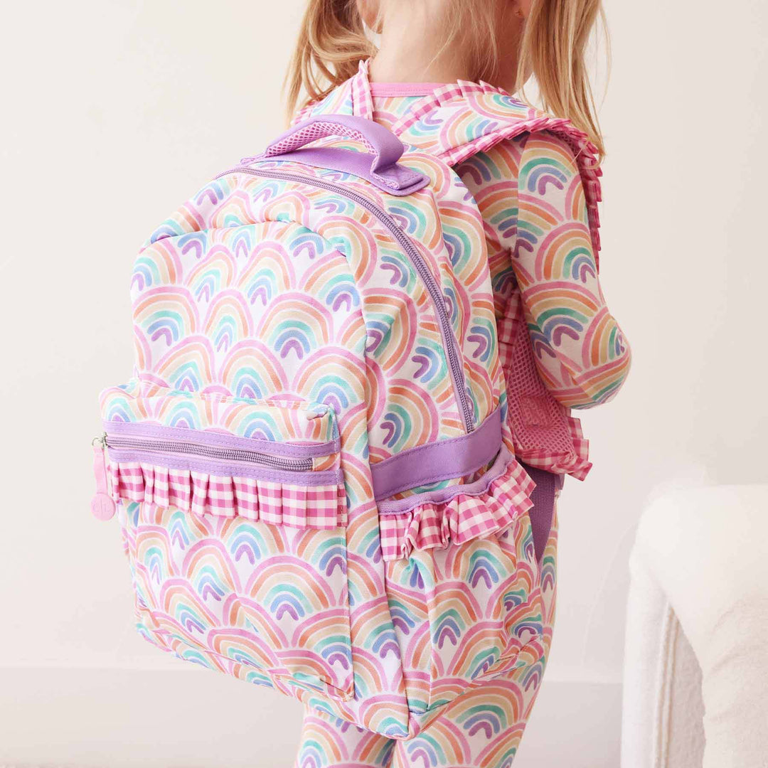 pastel rainbow backpack for girls with pink and white gingham 