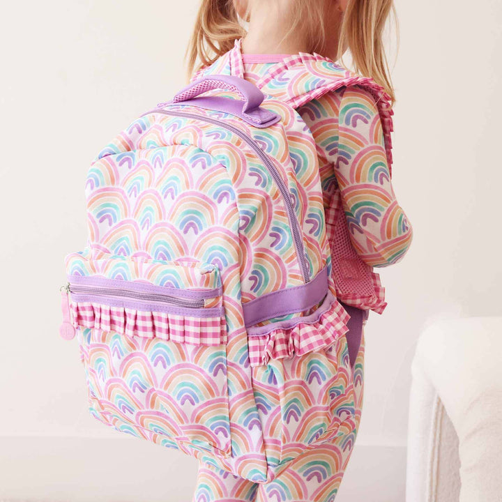 pastel rainbow backpack for girls with pink and white gingham 