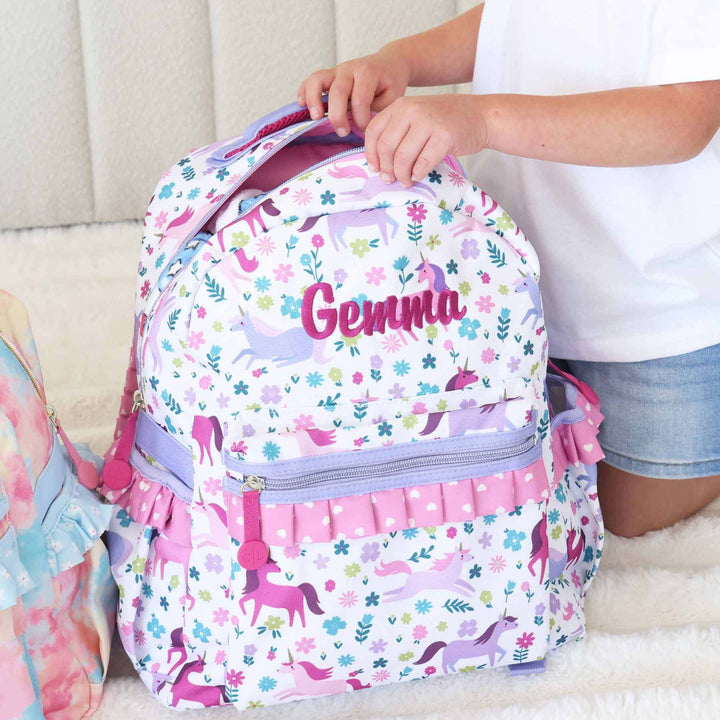 girls embroidered backpack with unicorns and heart trim 