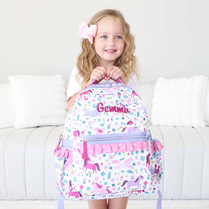 pink and purple unicorn backpack for girls embroidered with name 