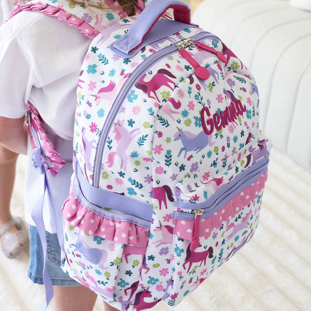 embroidered unicorn name backpack for girls with magenta thread