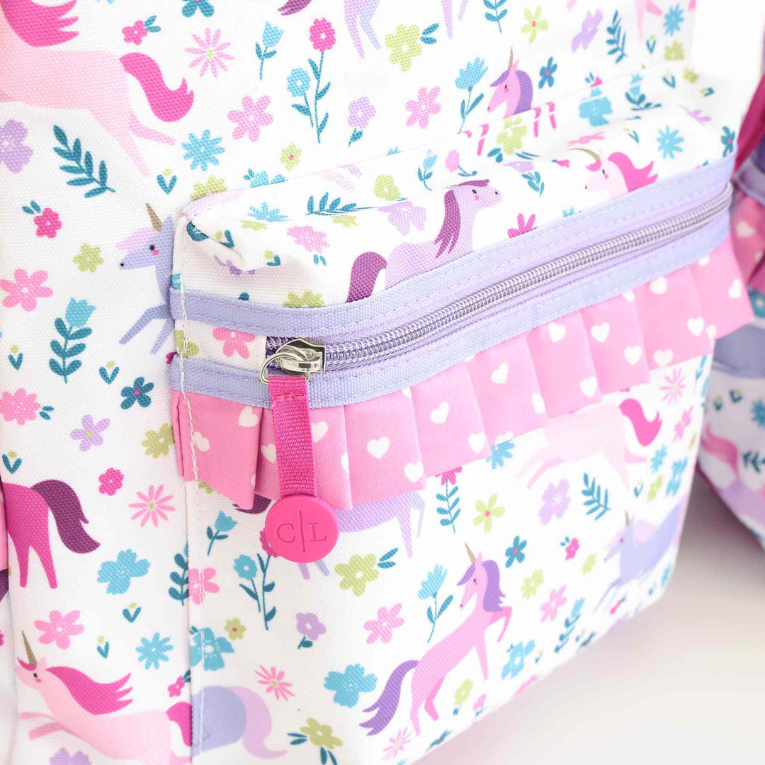 girls unicorn backpack with gold zipper 