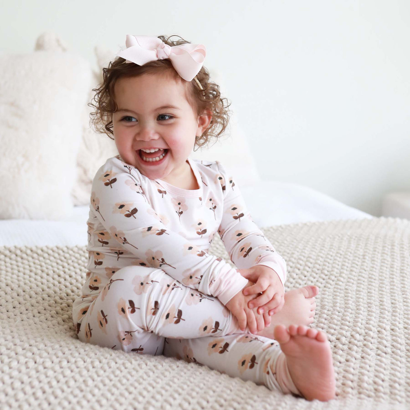 two piece bamboo pajama set for kids with muted flowers