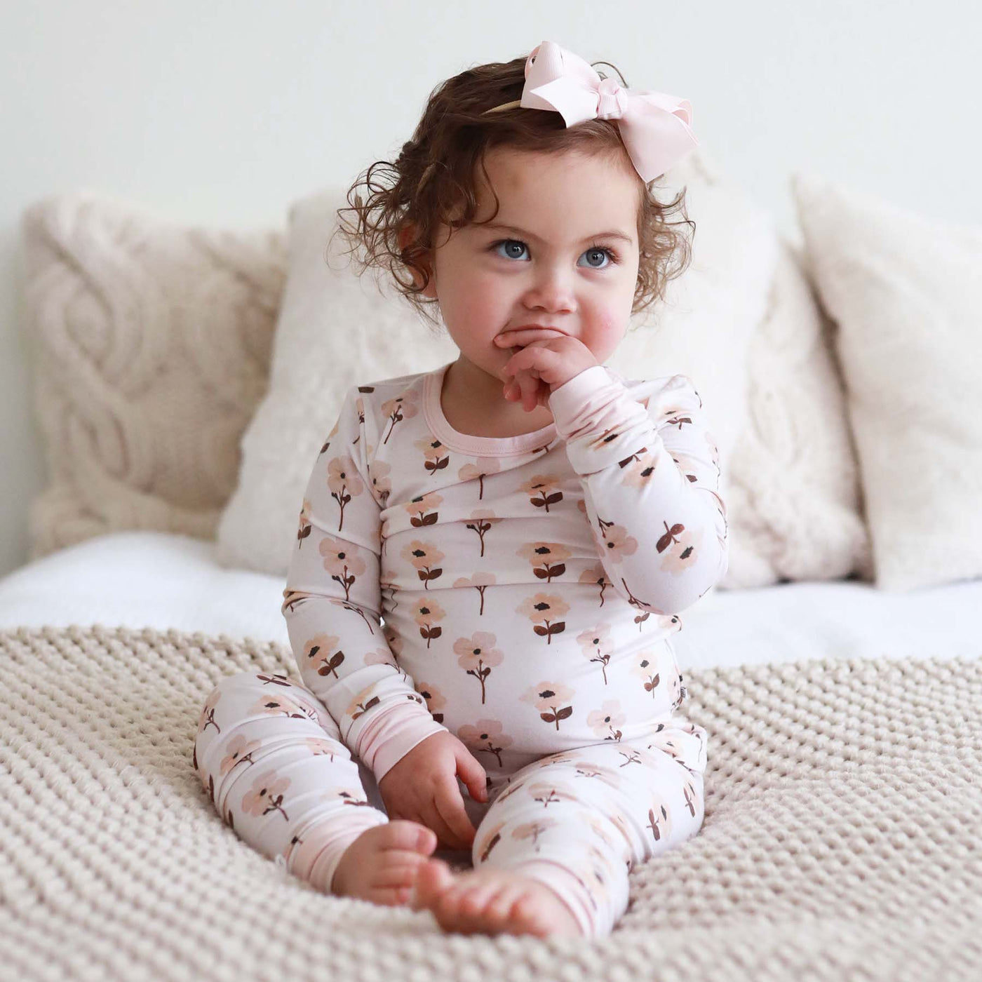 muted neutral floral for kids two piece pajama set 