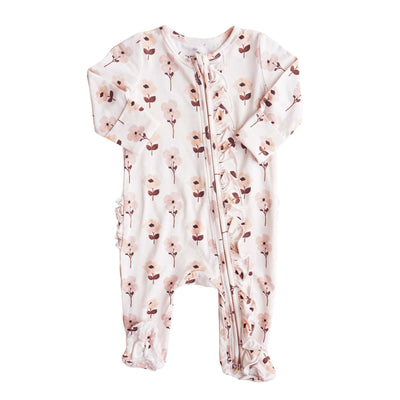 ruffle zipper footie neutral floral for babies made of bamboo 